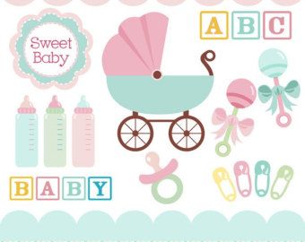 Baby clipart in teal, pink, baby rattles, baby carriage