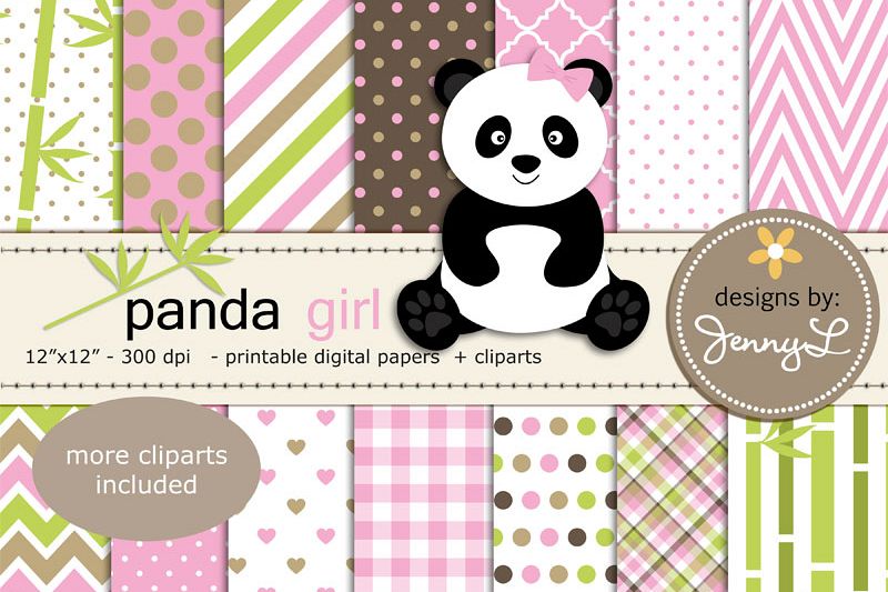 Panda Bear Girl Digital Papers and panda Clipart, Bamboo