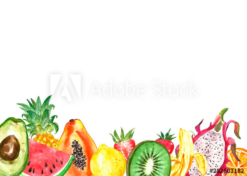 Watercolor summer exotic fruits frame on white background