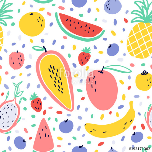 Vector tropical fruit background with pineapple, mango