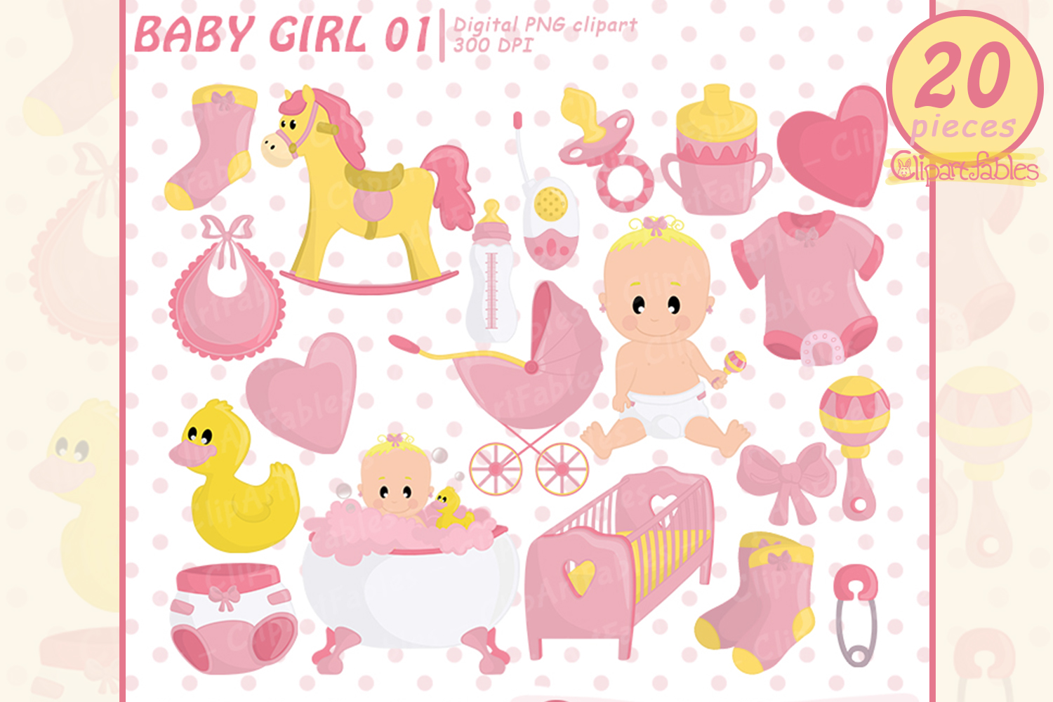 Cute baby girl shower party clipart, pink girl birthday art