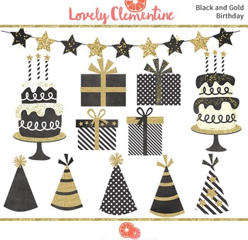 Black and Gold birthday clip art images, cake clip art, party clip art