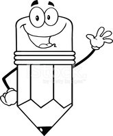 Black and White Happy Pencil Character Waving for Greeting