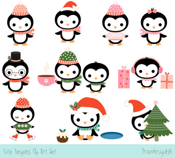Cute penguins clipart set, Christmas penguin clip art collection, Winter  penguin