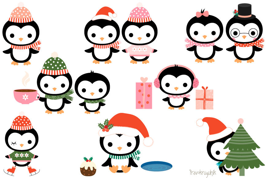 Christmas penguins clipart set, Cute penguin clip art