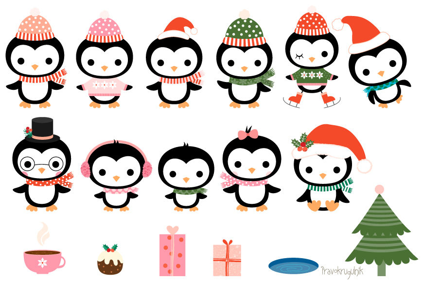 Christmas penguins clipart set, Cute penguin clip art