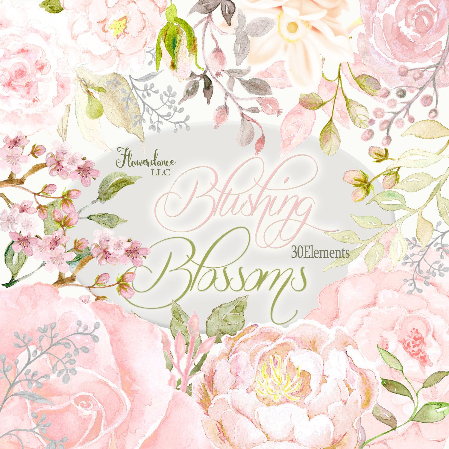 Blush Roses and Peonies Watercolor Clipart with Dusty Pink
