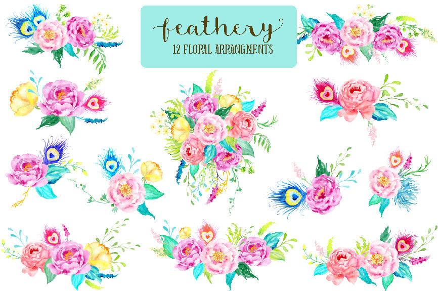 Watercolor Clipart Feathery Collection, Peonies and peacock