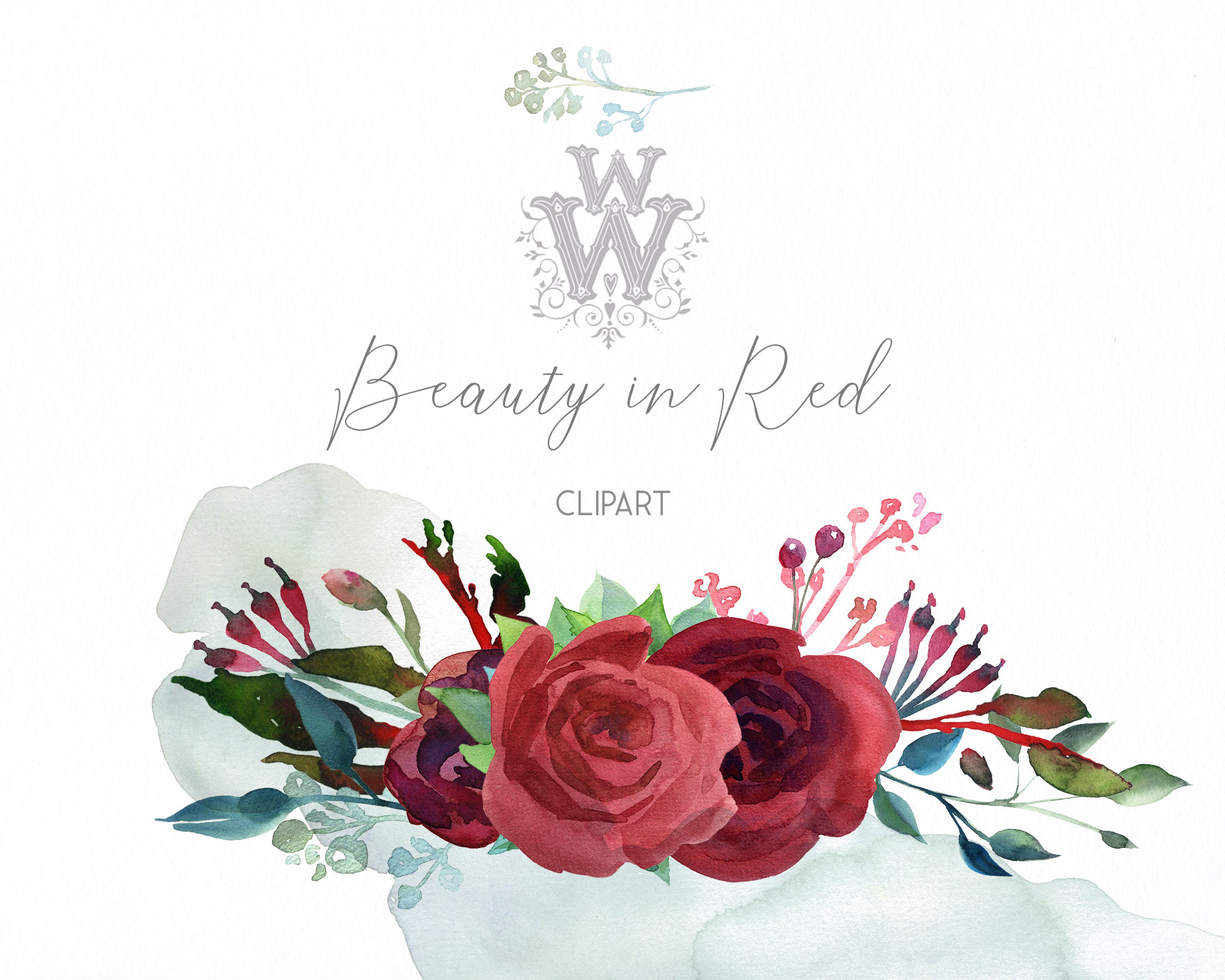 Watercolor red rose flowers wedding clipart, boho pink peony
