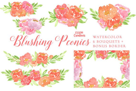 Pink Watercolor Peonies Clipart, Flower Clipart, Peony