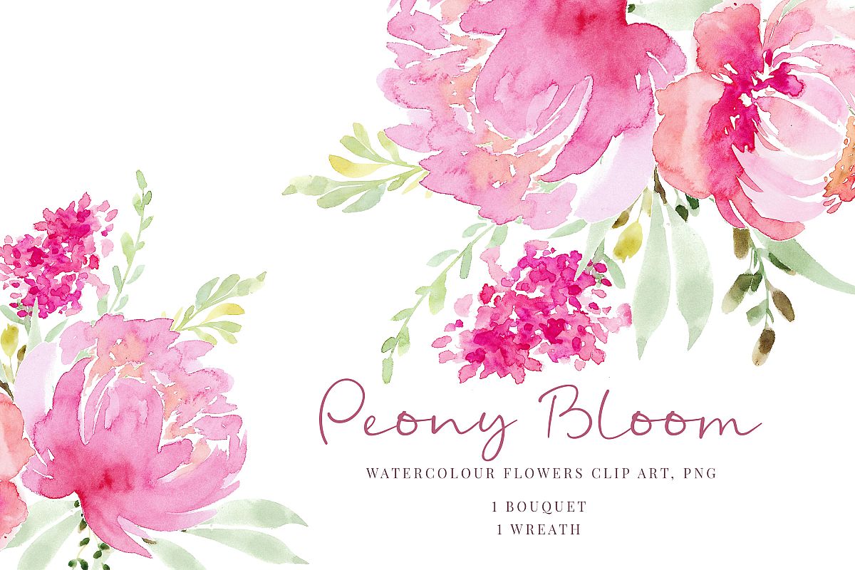 Watercolour clipart, Pink flowers, Peonies and greenery