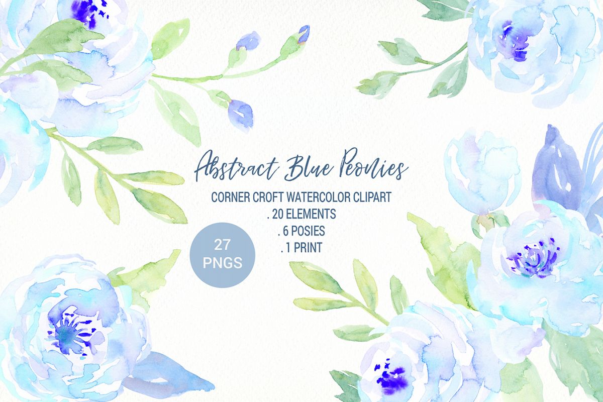 Abstract Blue Peony Clip Art, Watercolor blue peony clipart