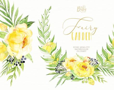 Watercolor clipart, yellow flowers, blush, wreaths