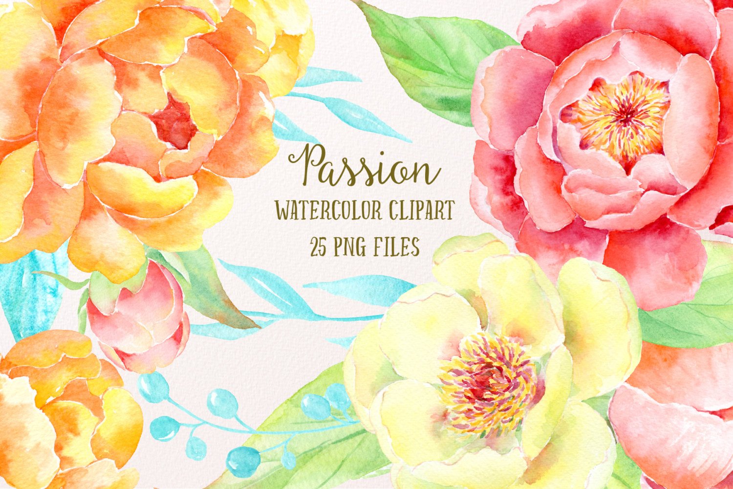 Watercolor Clipart Passion, yellow peony, orange peony and red peony for  instant download