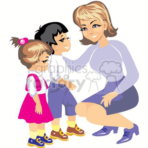 A Teacher Leaning Down to Talk to the Two Small Children clipart