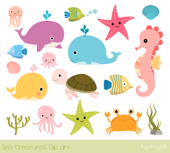 Sea animals clipart, Under the sea clip art set, Seahorse, turtle, whales  crab