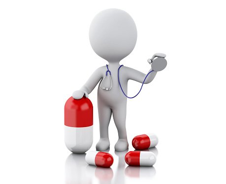 3d people doctor with a stethoscope and pills Clipart Image