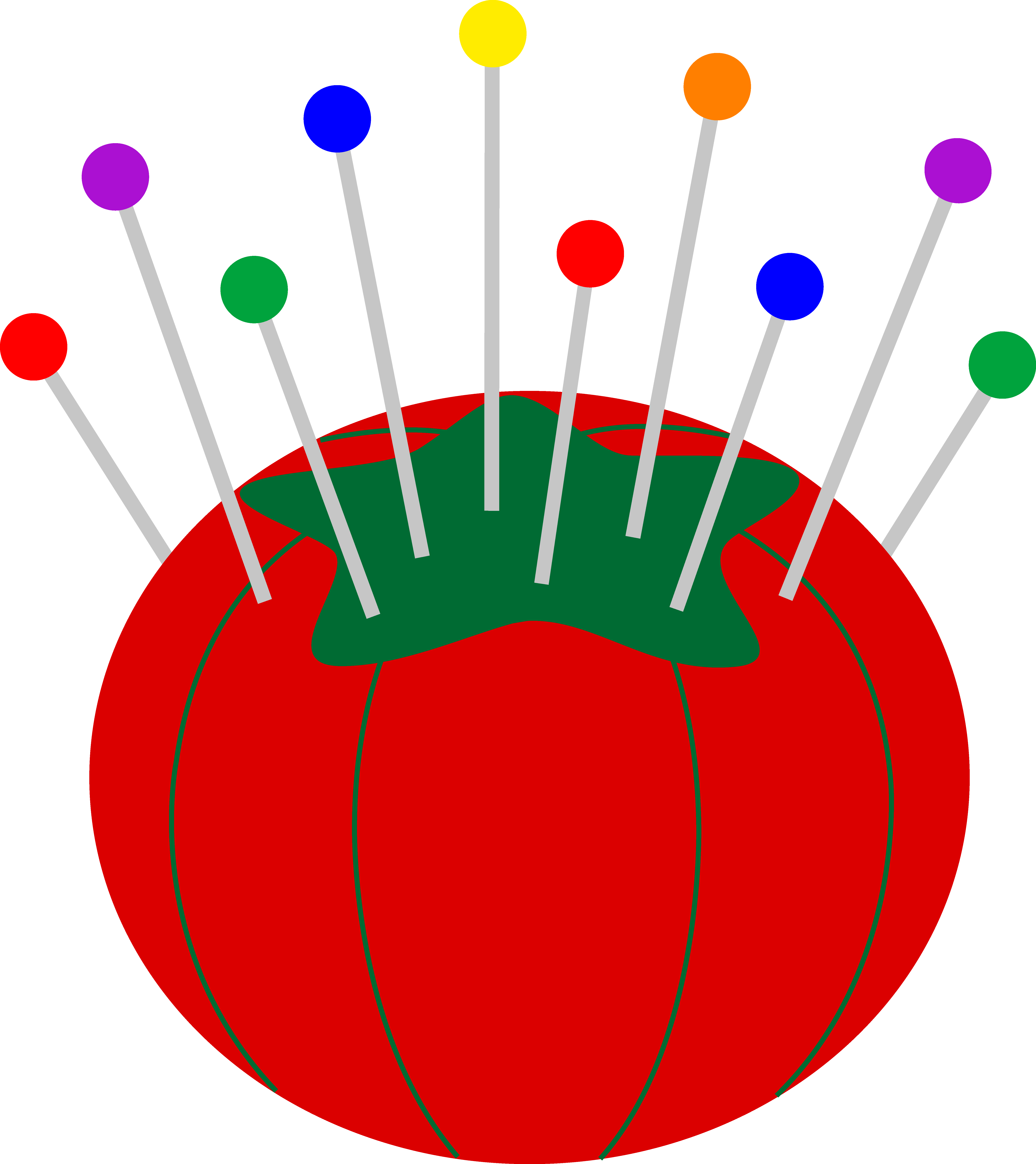 Free clip art of a cute red pin cushion with colorful pins
