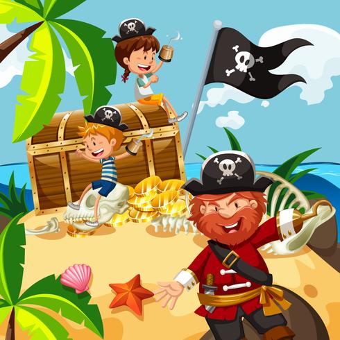 Pirate and kids with treasure chest on island