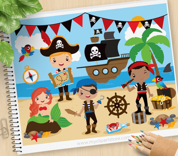 Boy Pirates Clipart, Mermaid, Pirate ship, Treasure
