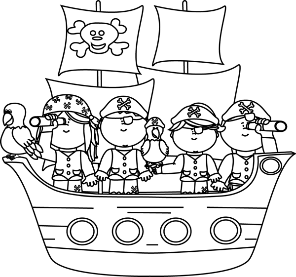 Black and White Pirates on a Pirate Ship Clip Art
