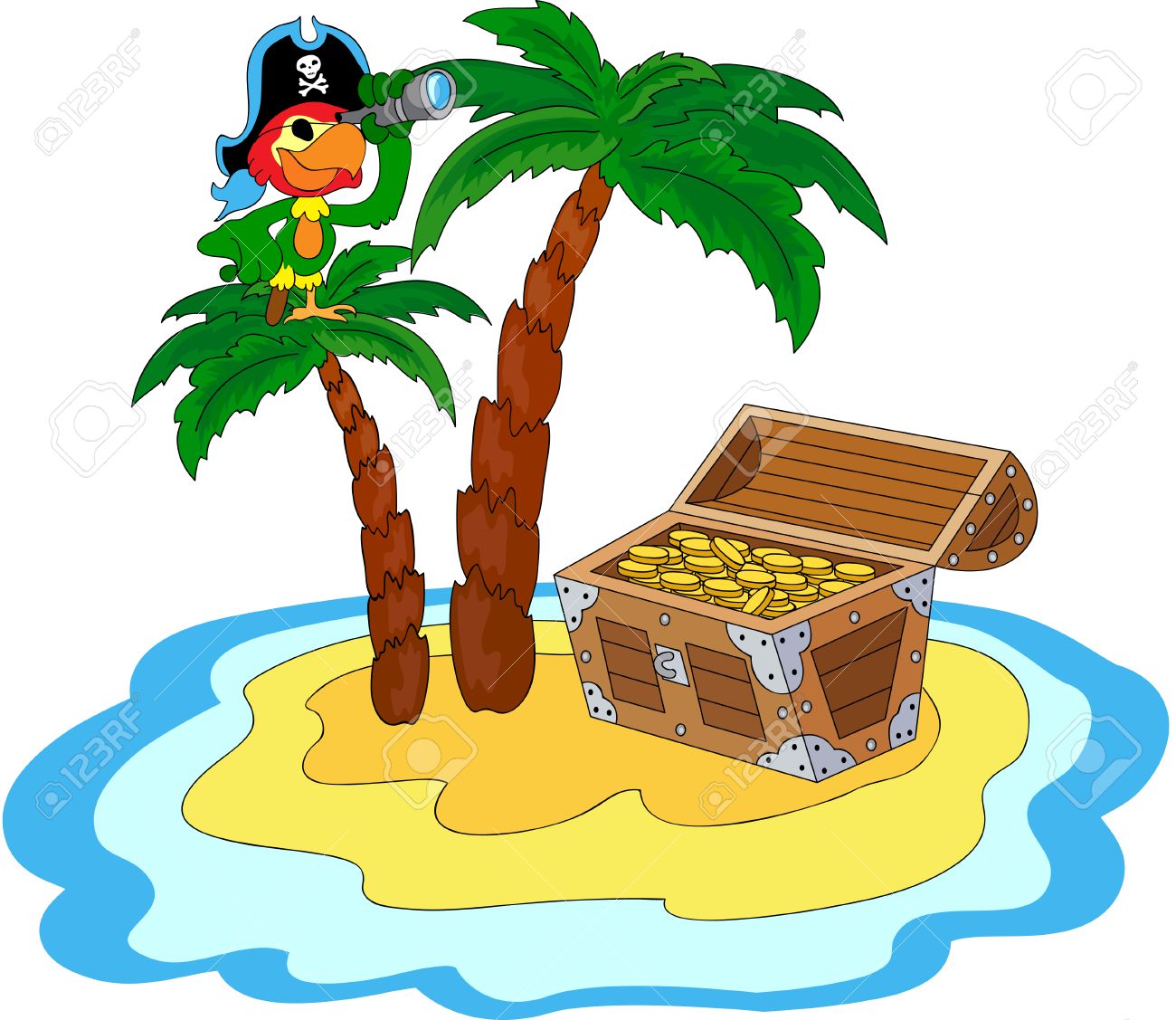 Treasure chest, pirate parrot and palms on the island