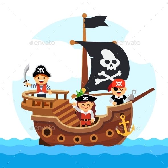 Kids pirate ship sailing in the sea with black flag and sail