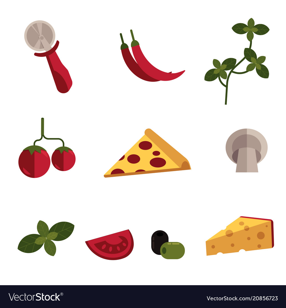 Flat pizza ingredients icon set