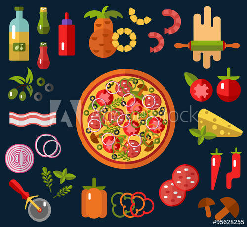 Vector flat icons set of Pizza and Pizza