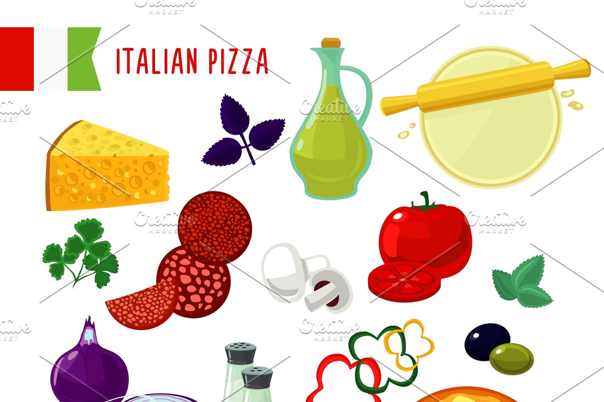 Flat Italian Pizza Ingredients Set