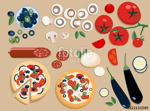 Flat pizza ingredients set entire and cut into pieces
