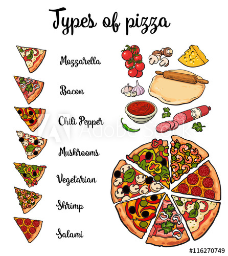 Set of various types of pizza and pizza ingredients, sketch