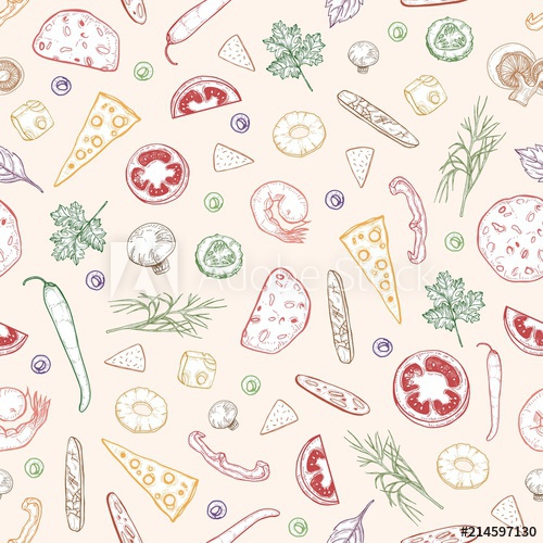 Seamless pattern with delicious pizza toppings or