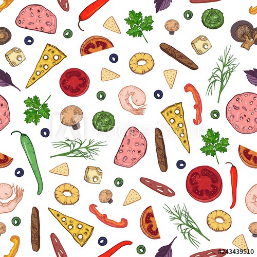 Seamless pattern with tasty ingredients or toppings for