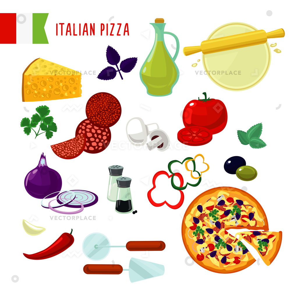 Cartoon Italian Pizza Ingredients Set Cheese Vector