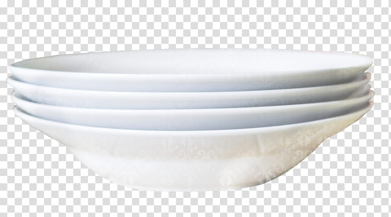 Four stacks of white ceramic bowls transparent background