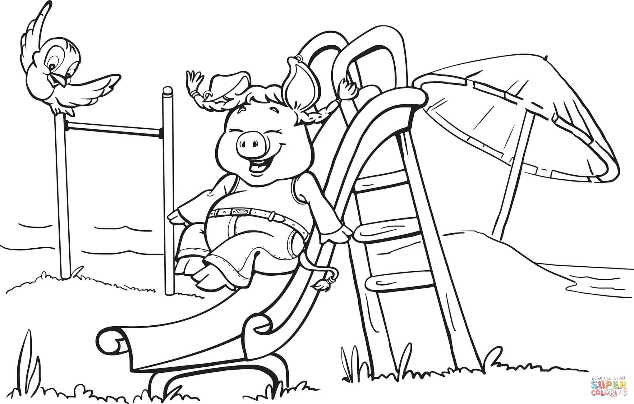 Pig on the Playground Slide coloring page