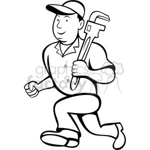 Black and white plumber with wrench clipart