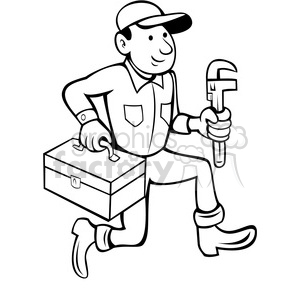 Black and white plumber with toolbox clipart
