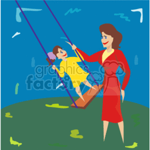 A mother pushing her daughter on the swing clipart
