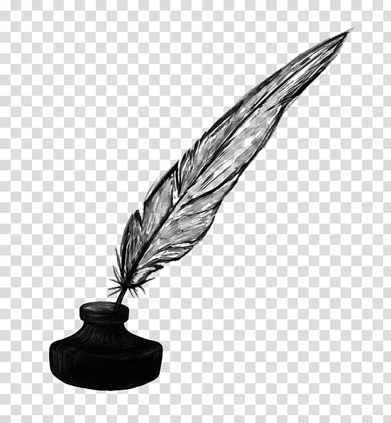 Black feather fountain pen illustration, Quill Paper Inkwell