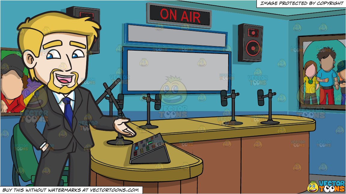 A Businessman Talking Animatedly and A Radio Station Studio Room Background