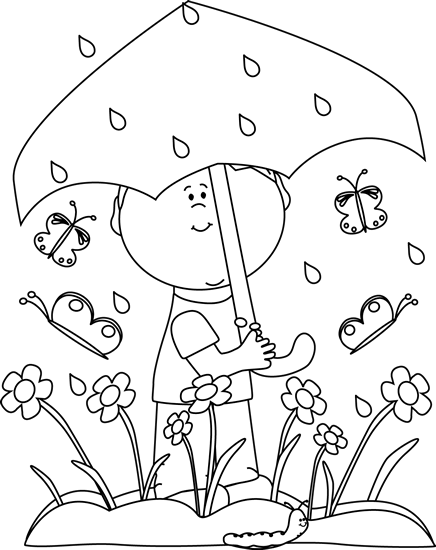 Black and White Boy in Spring Rain Clip Art