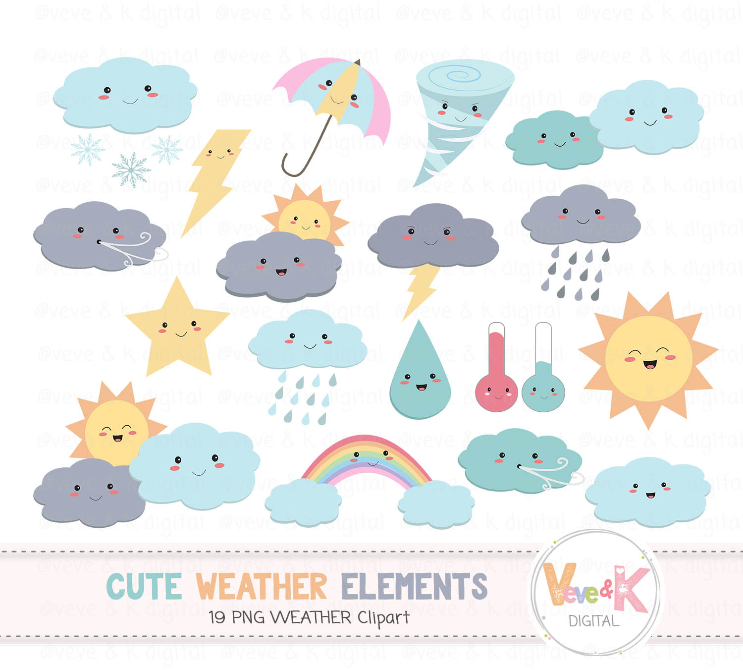 Weather Clipart, Cute Weather Clipart, Kawaii Weather Clipart, Rainbow  Clipart, Rain, Rainbow, Weather Icons, Weather Graphics, Rain, Sun