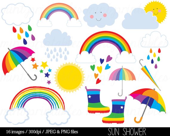 Rainbow Clipart Clip Art, Rain Cloud Raindrops Sun Sky Stars