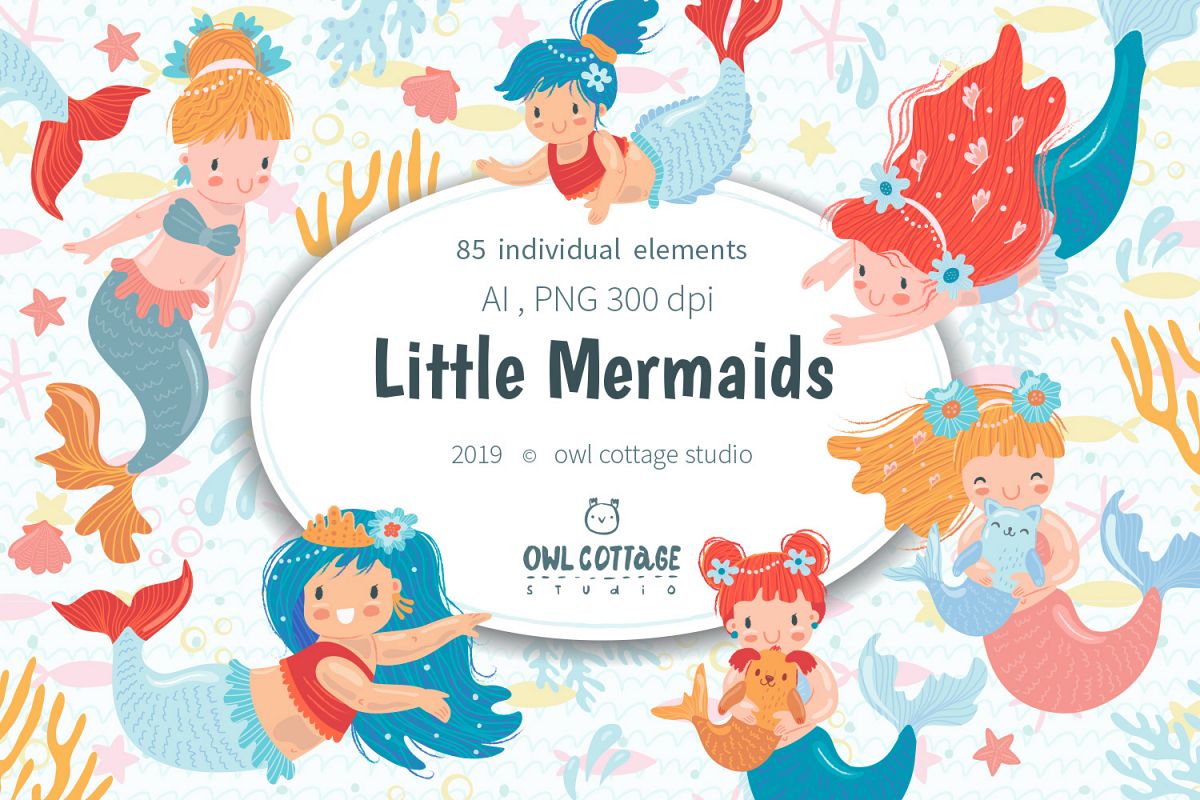 Little Mermaids vector and raster Clipart Set