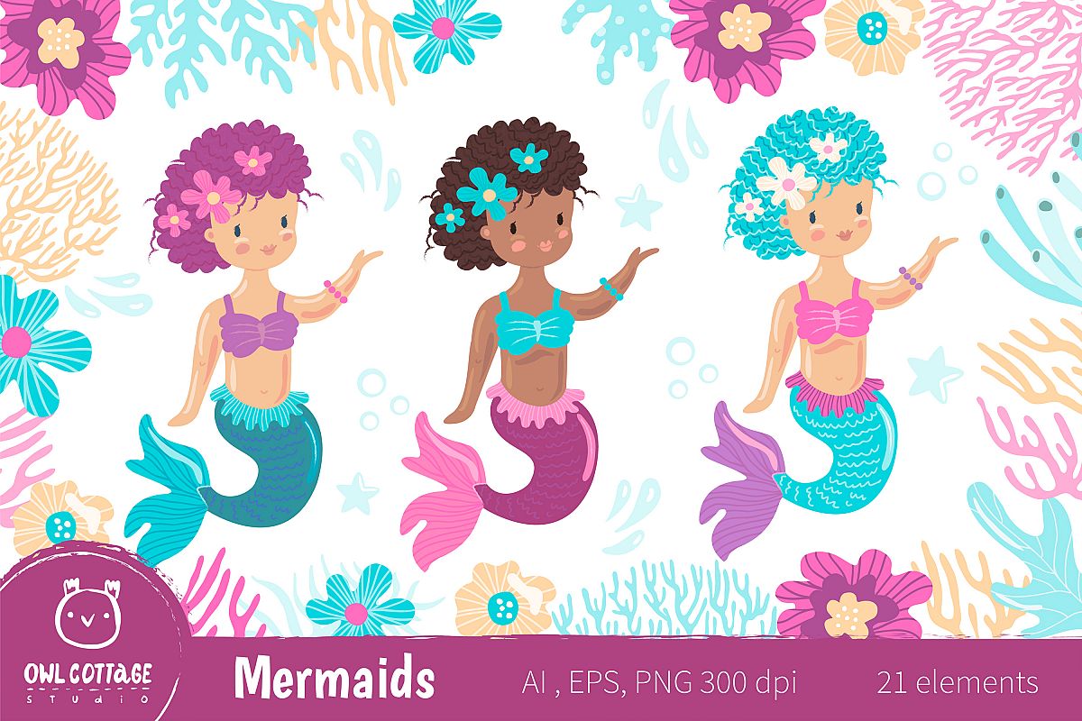 Mermaids Clipart Set , Vector and Raster Graphics