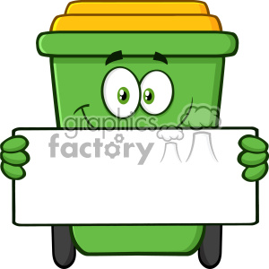 Smiling Green Recycle Bin Cartoon Mascot Character Holding A Blank Sign  Vector clipart