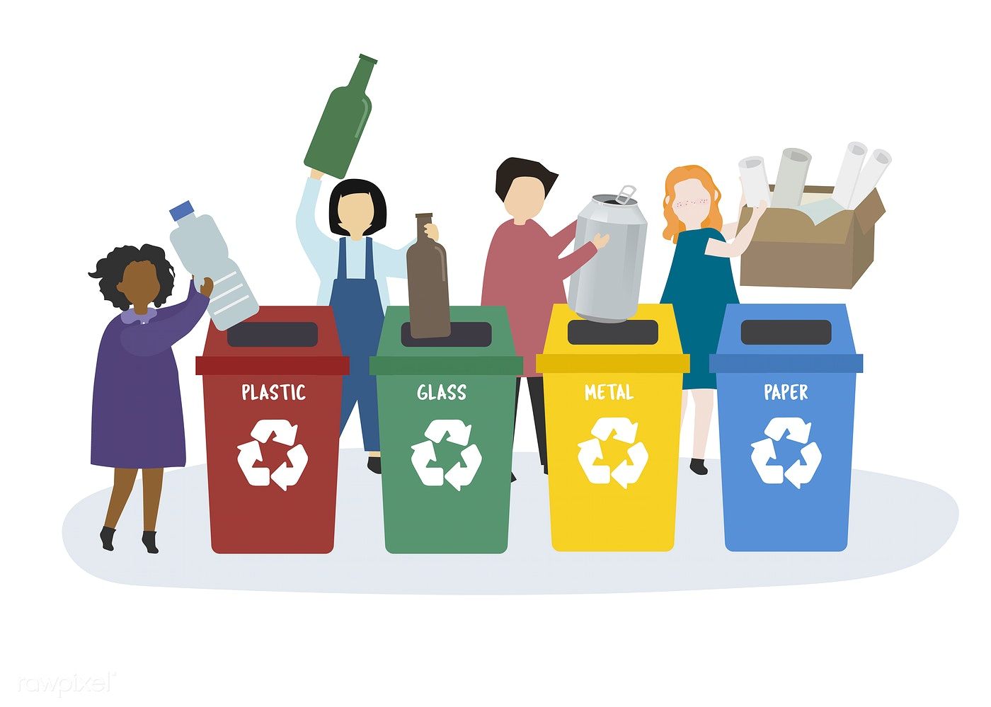 People sorting garbage into recycle bins