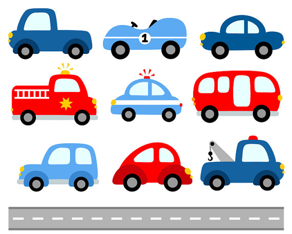 Cute Cars Digital Clip Art, Transportation Clipart, Blue Red